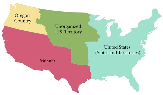 A map of the present-day United States. Four labeled areas are differently colored, one labeled Mexico, one Oregon Country, one Unorganized U.S. Territory and the last is labeled United States