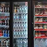 Refrigerator compartments with drinks and snacks