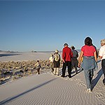 A volunteer ranger walks at the front of a line of visitors into the dunes