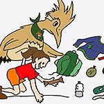Drawing of a cartoon roadrunner and girl putting things in a backpack.