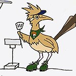 Drawing of a cartoon roadrunner  holding a spatula.