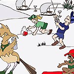 Drawing of a cartoon roadrunner and kids playing in the sand and flying a kit.