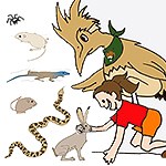 Drawing of a cartoon roadrunner and a kid with a rabbit, snake, lizard, spider, and mouse.