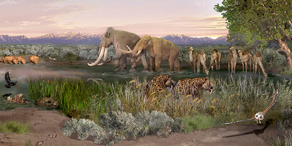 Artistic impression of ice age animals gathered around Lake Otero.