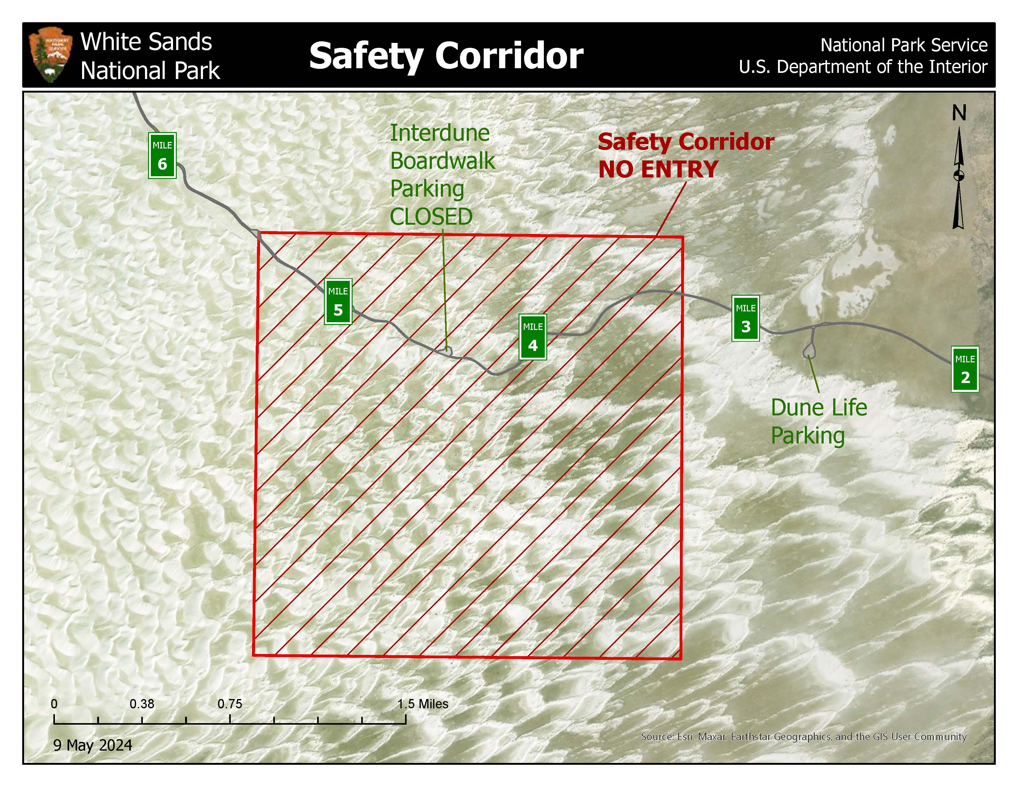 A map showing a road with a checkered red box between mile 3 and 5.5. Map is titled safety corridor.