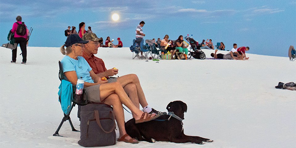 Visitors enjoying the dunes with a full moon in the background.