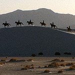 Six horseback riders on the dunes.