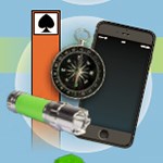 Composite image of orange post, flash light, compass, and cell phone.