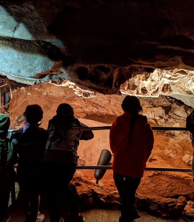 Kids silhouetted standing up against a railing inside the cave.