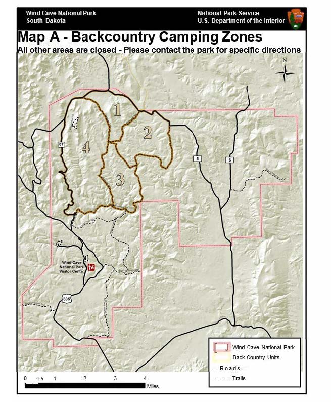 A map of Wind Cave National Park showing the areas where backcountry camping is allowed in the upper left part of the map.  Each zone is numbered 1 through 4 starting at the top and moving clockwise to each zone, outlined in brown.