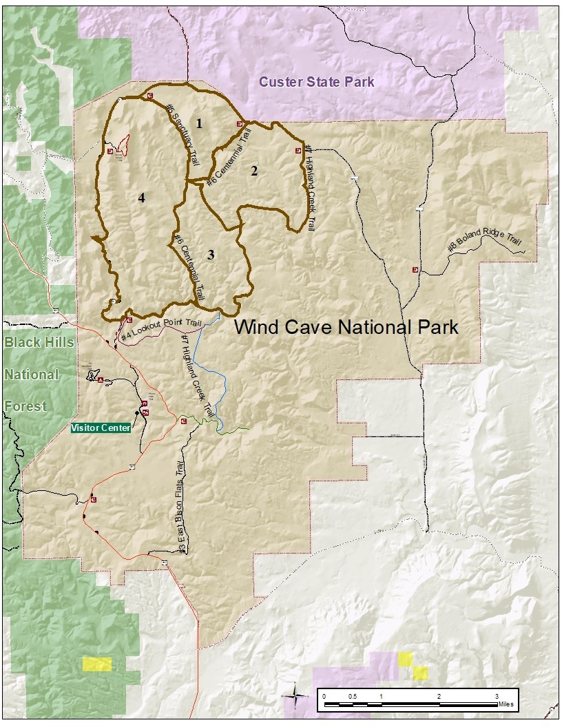 A map of Wind Cave National Park showing the areas where backcountry camping is allowed in the upper left part of the map.  Each zone is numbered 1 through 4 starting at the top and moving clockwise to each zone, outlined in brown.