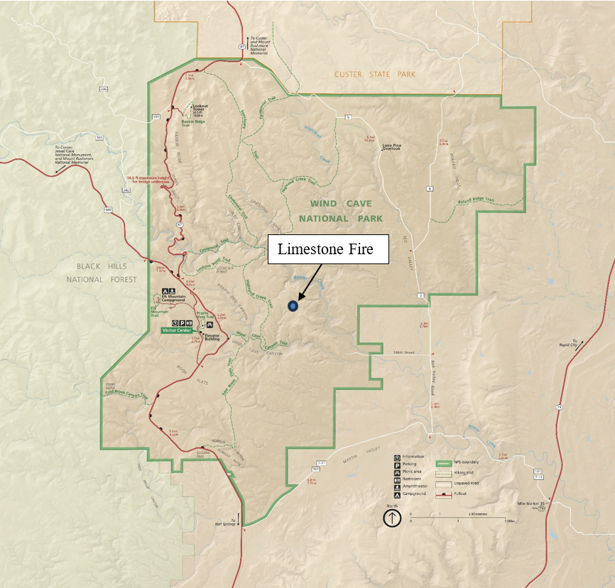 Map of Wind Cave National Park with a blue circle and black arrow pointing to location of the fire.