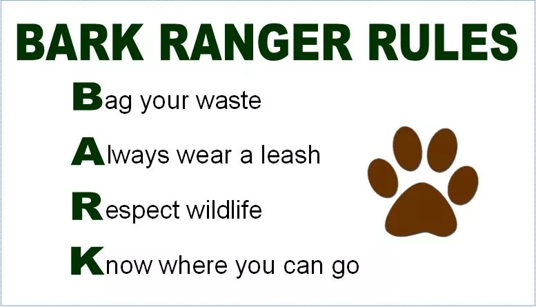 A description of BARK RANGER RULES, including bag your waste, always wear a leash, respect widlife, and know where you can go with a brown dog footprint.