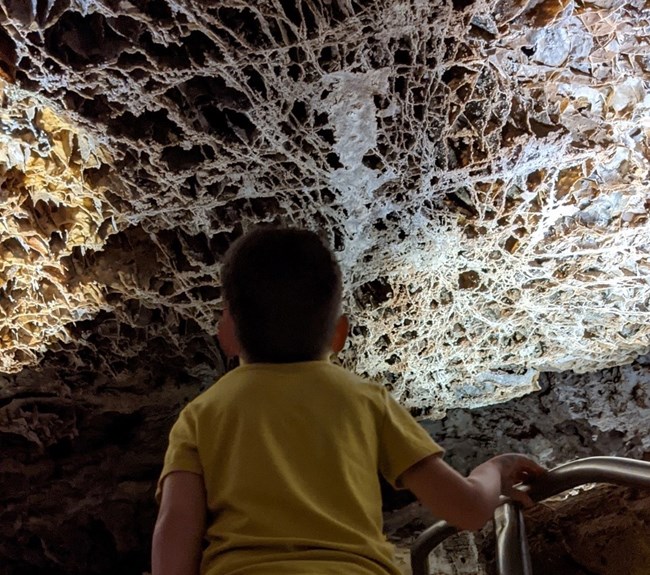 A child looks up at a ceiling full of boxwork