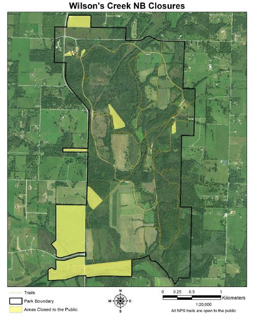 Map shows Wilson's Creek National Battlefield areas closed to the public in various parts of the park