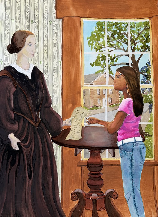 Watercolor painting: Generational Effort by Karen Haas (2026) depicting a woman from the 1840s (on the left) handing the resolutions to a modern young woman (right).