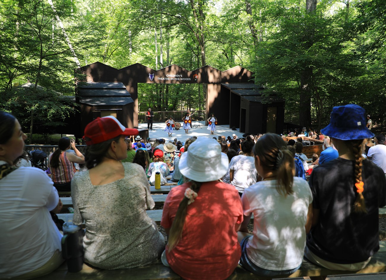 A show at Children's Theatre-in-the-Woods viewed from behind an audience seated on bench seats and performers on open area stage.