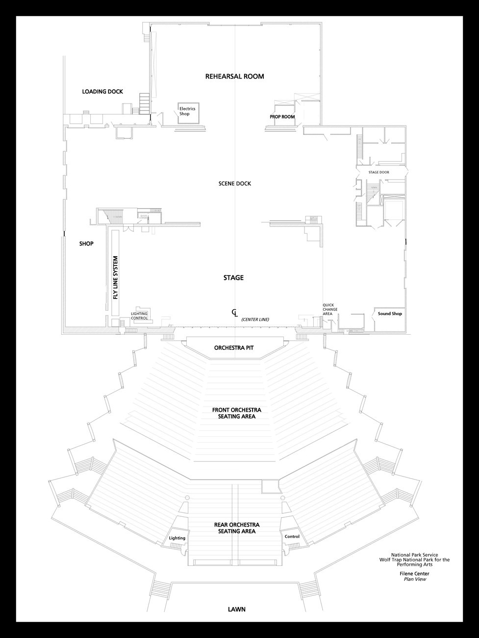 Plan view of the Filene Center theater and house from an aerial perspective