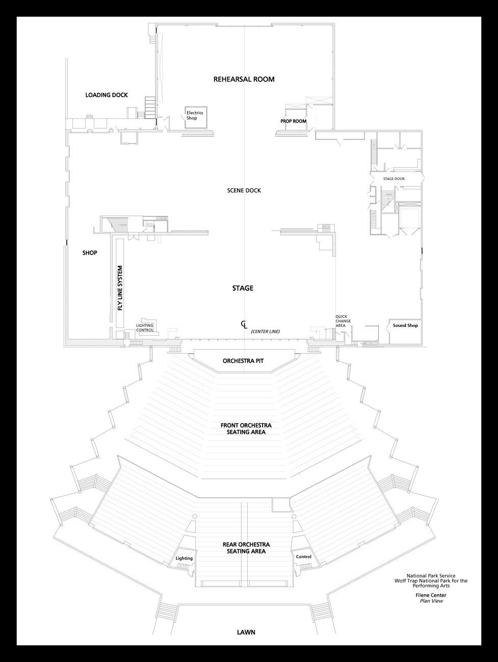 Plan view of the Filene Center theater and house from an aerial perspective