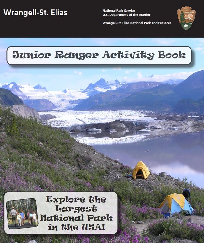 cover of junior ranger book with camping tents near a glacier, lake and mountains