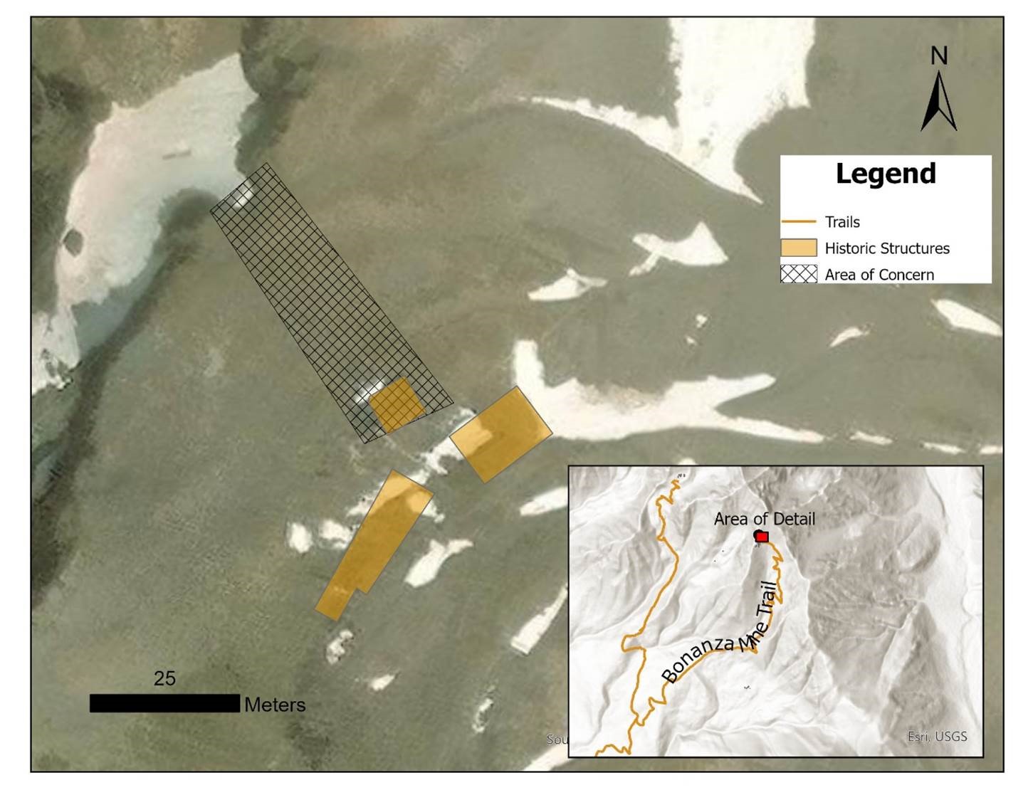 Map of area near Bonanza Mine in Wrangell-St. Elias National Park & Preserve. Cross-hatching shows an area of concern where park geologists recently observe subsidence (collapsing ground) near and northwest of three historic buildings.