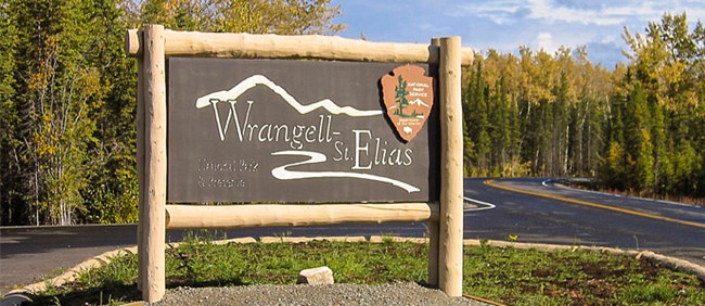 Entrance of Copper Center Visitor Center with Wrangell-St. Elias National Park Service Sign
