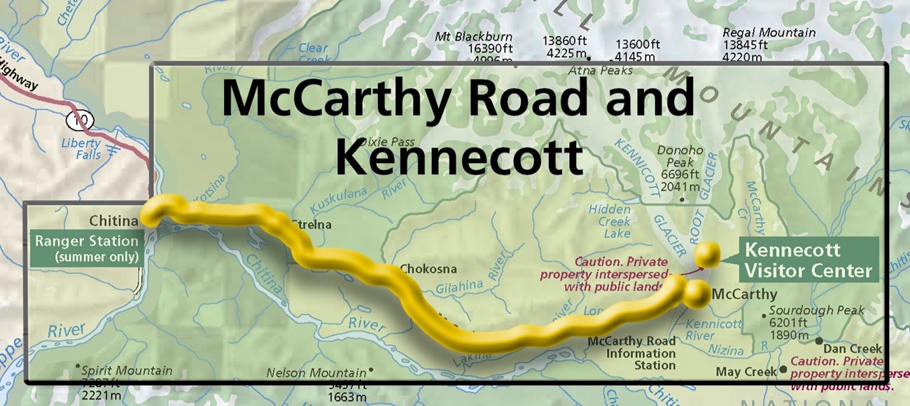 Map of the McCarthy Road with yellow line highlighting the roadway.