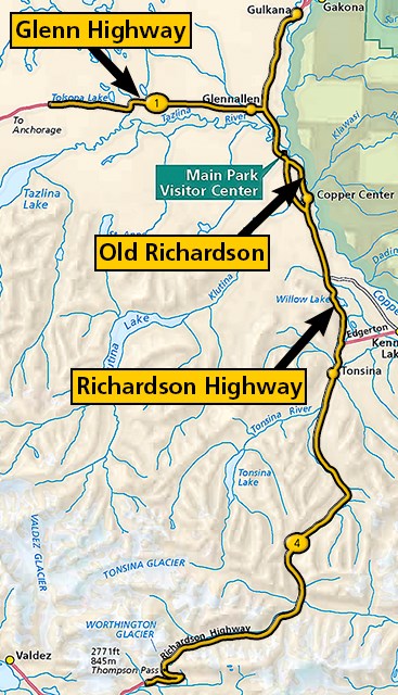 Map showing location of Glenn Highway, Old Richardson Highway, and Richardson Highway.