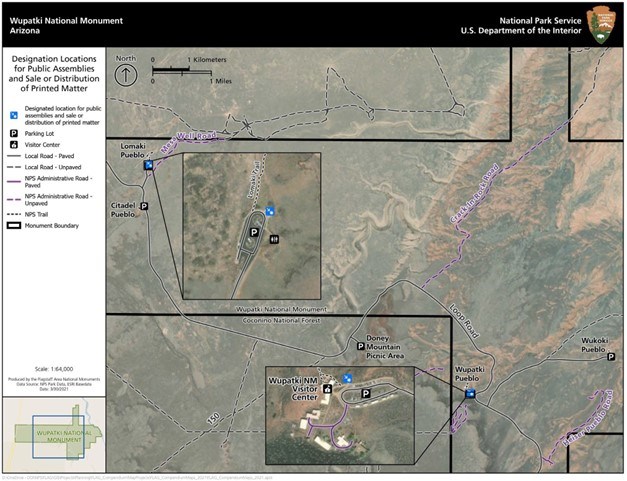 Map of Wupatki National Monument with public assembly areas marked