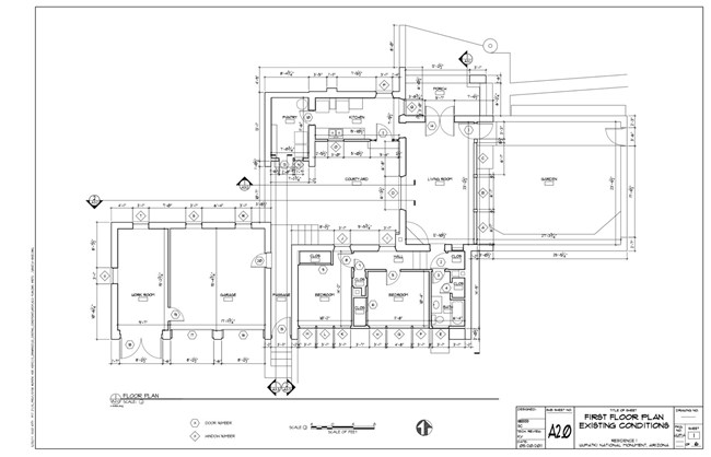 The architectural floor plans of a one story house with two bedrooms, one bathroom, a large garden, and three garage bays.