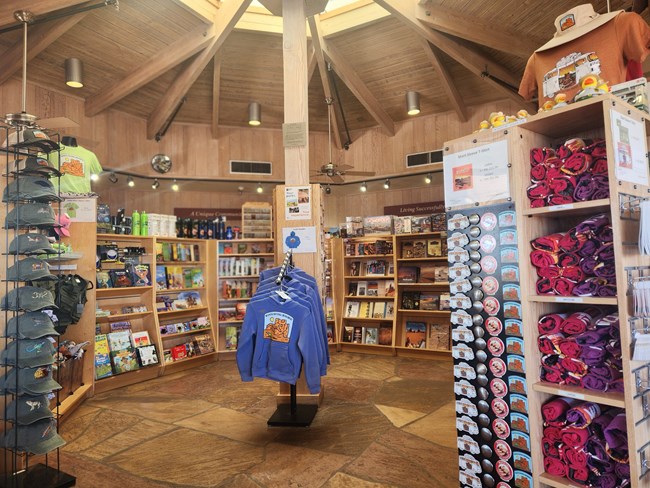Shelves lined with merchandise in the WNP Store