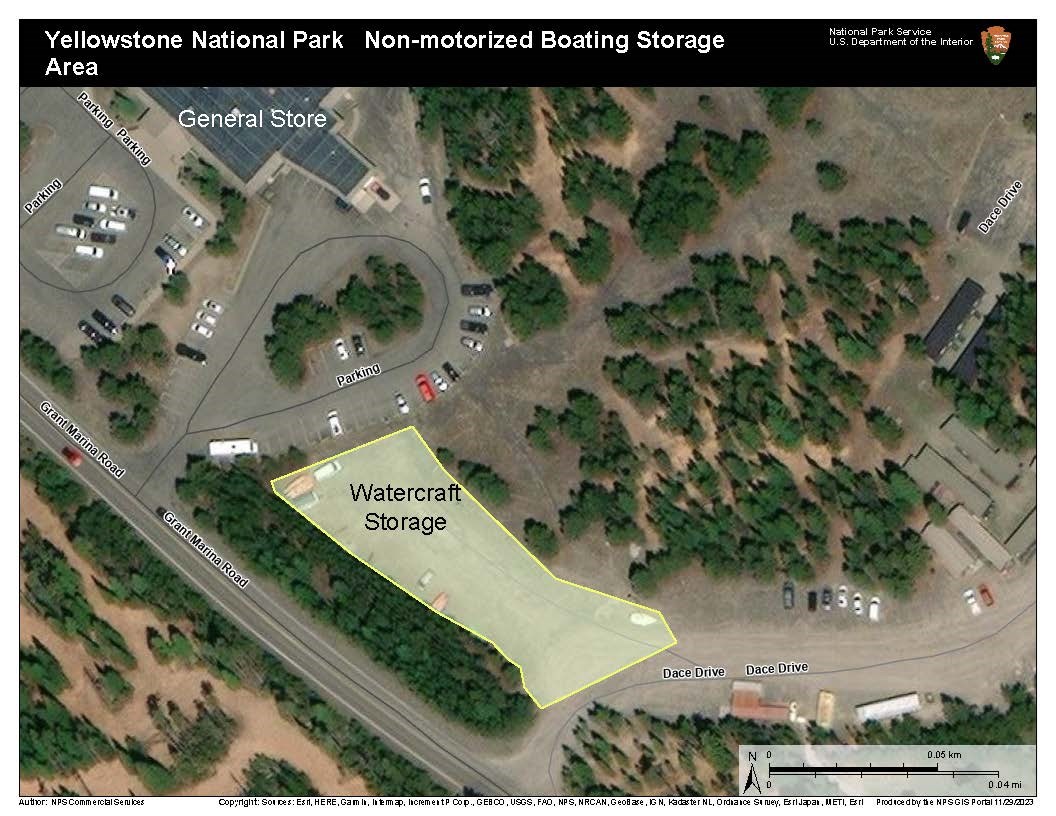 An area between the Grant Marina Road and the General Store parking lot is highlighted in yellow to indicate where watercraft may be stored