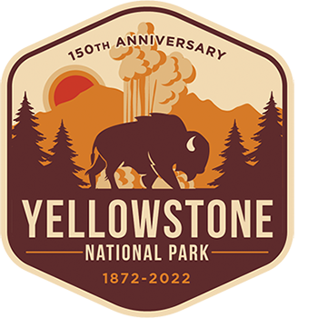 a logo including a bison and erupting geyser