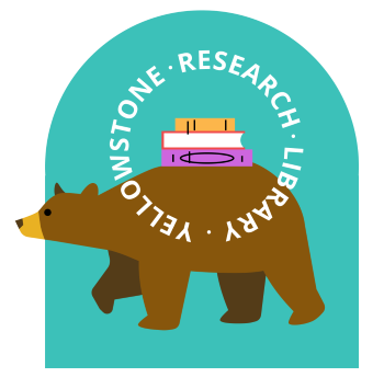 a logo of a bear balancing a stack of books on its back with text: "Yellowstone Research Library"