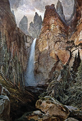 Water color of a waterfall cascading down steep mountainsides.