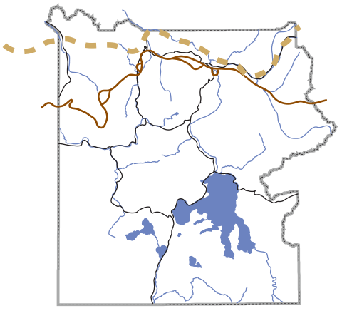 A map of Yellowstone and its major roads, rivers, and lakes, with two locations for the Bannock Trail