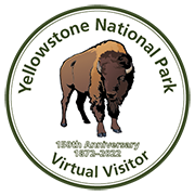 A circular logo with a bison in the center. It reads: Yellowstone National Park 150th Anniversary 1872–2022