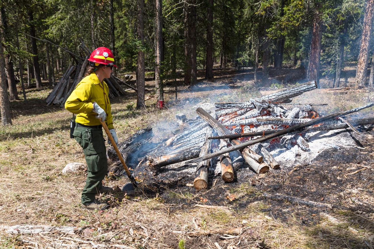 A wildfire crew stands close by a large pile of burning logs.