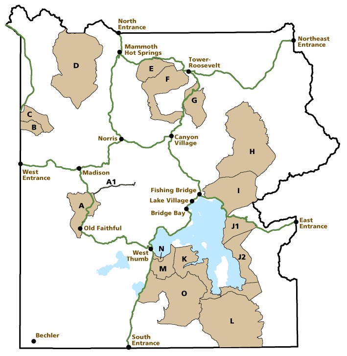 A map showing the location of bear management areas in Yellowstone.