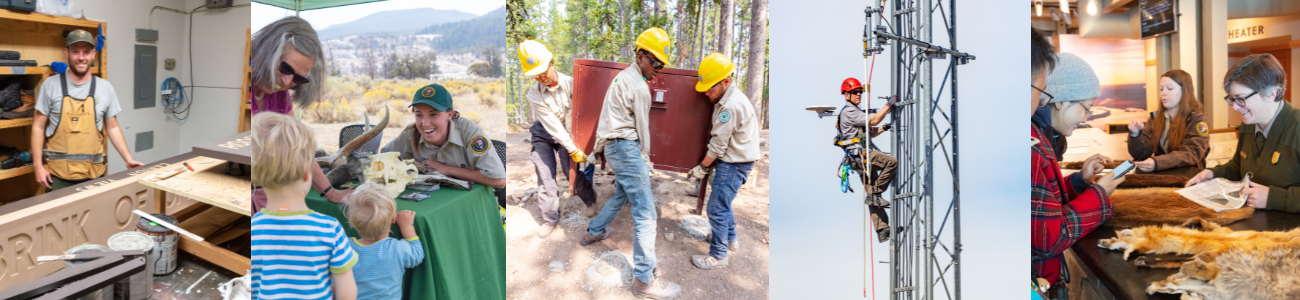 a series of five photos showing Yellowstone employees working in different capacities