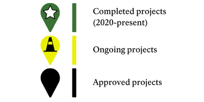 a legend for the map above showing (1) a green map pin and line, indicating completed projects; (2) a yellow map pin and line, indicating ongoing projects; and (3) a black map pin and line, indicating approved projects.