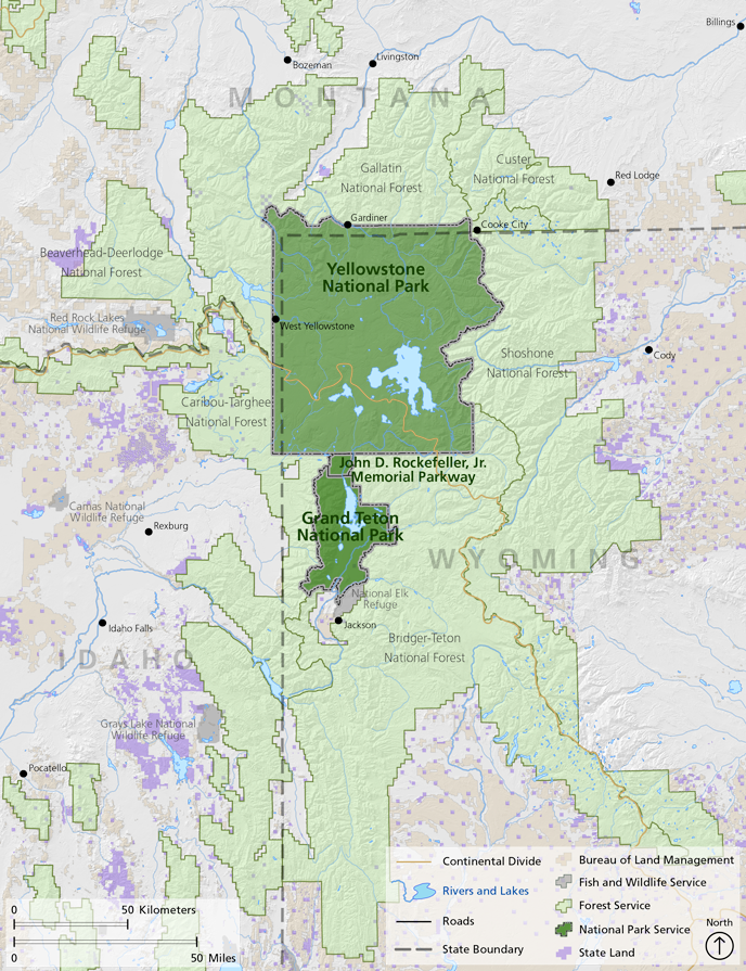 Map of Idaho, Montana, and Wyoming with public lands of the Greater Yellowstone Ecosystem in green.