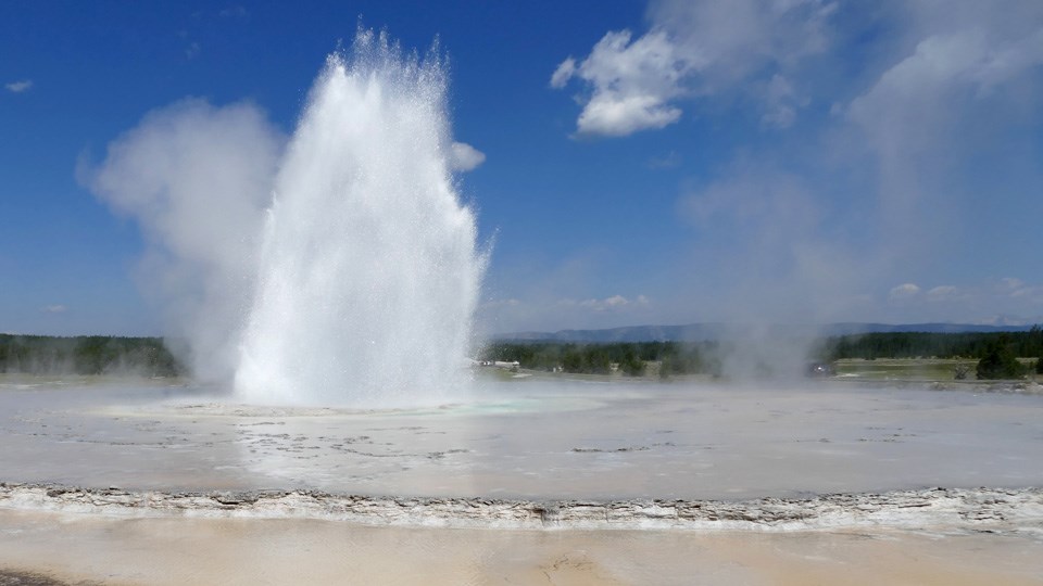 Great Fountain Geyser erupting a column of water and steam into the blue sky.