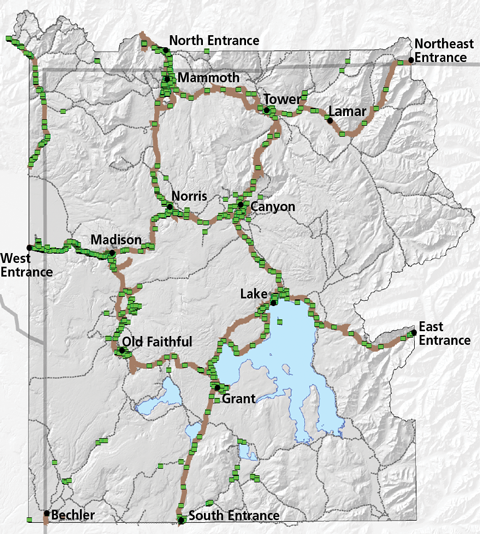 A park map showing park roads, rivers, lakes, and elevation with invasive plant treatments, mostly along roadways