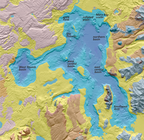 Elevational map of Yellowstone Lake and surrounding area