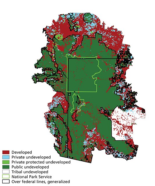 Yellowstone's boundary and surrounding public land with private development around the edges