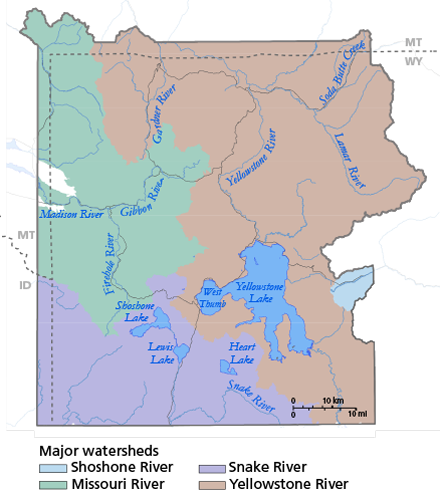Map of Yellowstone showing boarders, rivers, lakes and the four watersheds they drain to