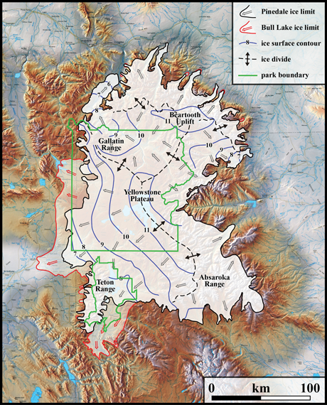 Locations of ice over Yellowstone National park and the surrounding mountains