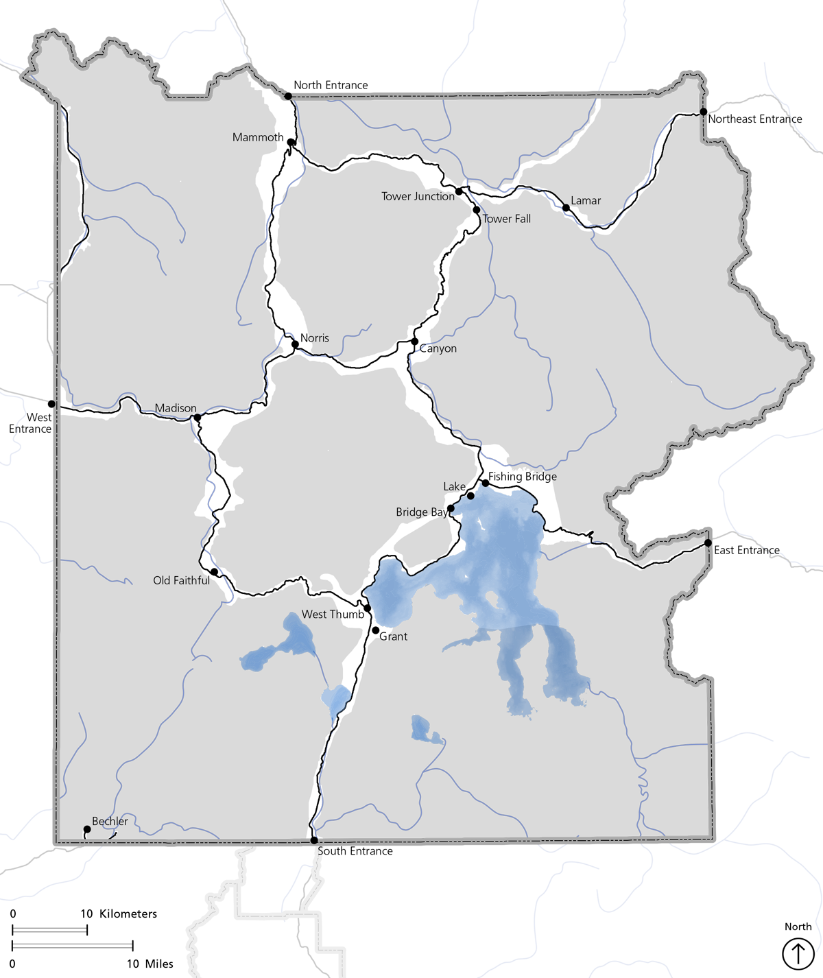 A map of proposed wilderness within Yellowstone's boundaries with roads, rivers, and lakes.