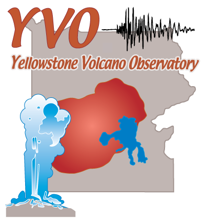 Logo of the Yellowstone Volcano Observatory illustrated with a geyser and a map of the caldera.
